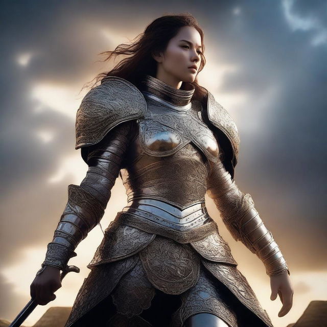 A fierce female fighter clad in intricate armor, standing confidently on a battlefield