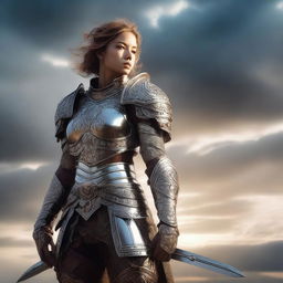 A fierce female fighter clad in intricate armor, standing confidently on a battlefield