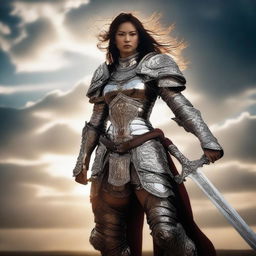 A fierce female fighter clad in intricate armor, standing confidently on a battlefield