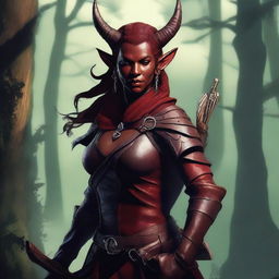 A detailed fantasy-style image of a female tiefling hunter