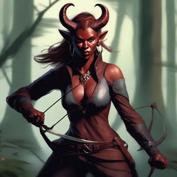 A detailed fantasy-style image of a female tiefling hunter