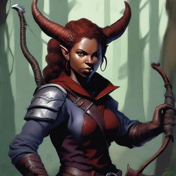 A detailed fantasy-style image of a female tiefling hunter