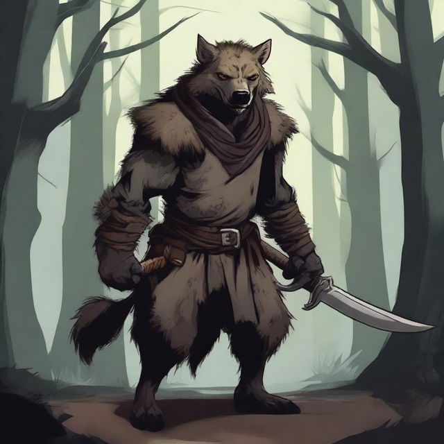 A detailed illustration of a rogue gnoll, a humanoid hyena-like creature, dressed in dark, stealthy clothing