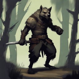 A detailed illustration of a rogue gnoll, a humanoid hyena-like creature, dressed in dark, stealthy clothing