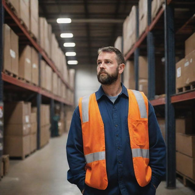 A realistic portrait of a maintenance technician inside a sizable warehouse, deeply engrossed in the upkeep of an industrial machine.