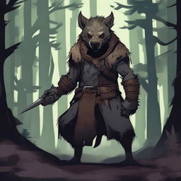 A detailed illustration of a rogue gnoll, a humanoid hyena-like creature, dressed in dark, stealthy clothing