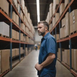 A realistic portrait of a maintenance technician inside a sizable warehouse, deeply engrossed in the upkeep of an industrial machine.