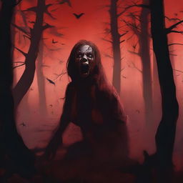 A detailed and gory Halloween scene set in October, deep in the woods