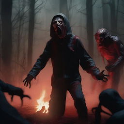 A detailed and gory Halloween scene set in October, deep in the woods