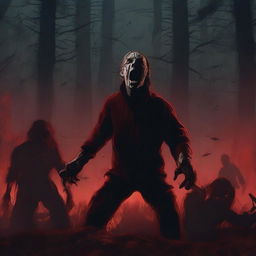 A detailed and gory Halloween scene set in October, deep in the woods