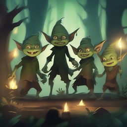 A group of mischievous goblins causing chaos in a dark, enchanted forest