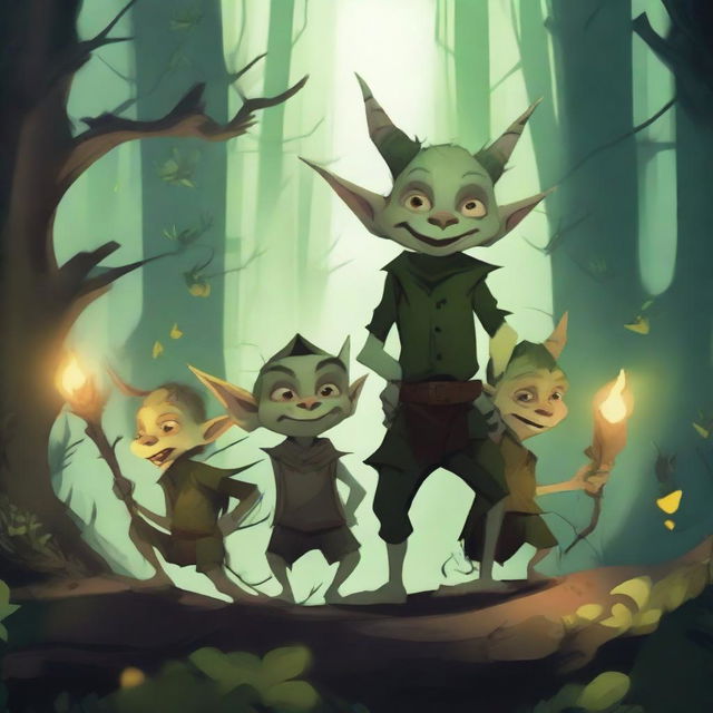 A group of mischievous goblins causing chaos in a dark, enchanted forest