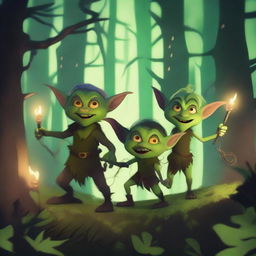 A group of mischievous goblins causing chaos in a dark, enchanted forest