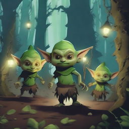 A group of mischievous goblins causing chaos in a dark, enchanted forest