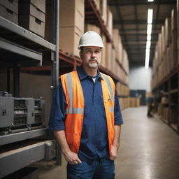 A realistic portrait of a maintenance technician inside a sizable warehouse, deeply engrossed in the upkeep of an industrial machine.