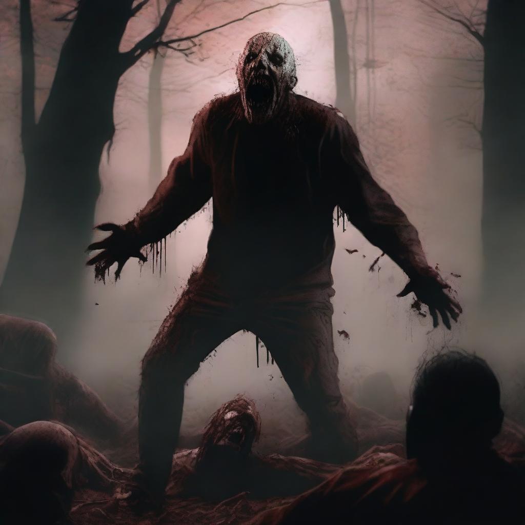 A detailed and gory Halloween scene set in October, deep in the woods