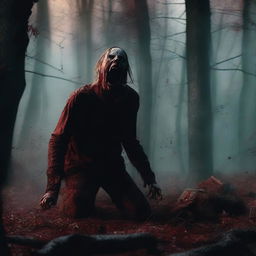 A detailed and gory Halloween scene set in October, deep in the woods