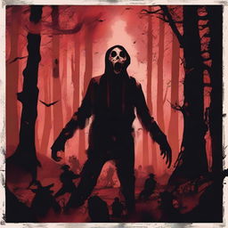 A detailed and gory Halloween scene set in October, deep in the woods