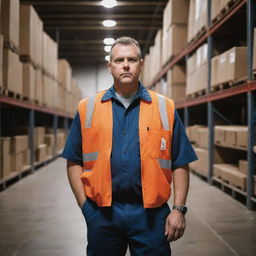 A realistic portrait of a maintenance technician inside a sizable warehouse, deeply engrossed in the upkeep of an industrial machine.