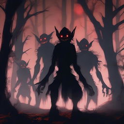 A group of scary goblins with menacing expressions, sharp teeth, and glowing red eyes