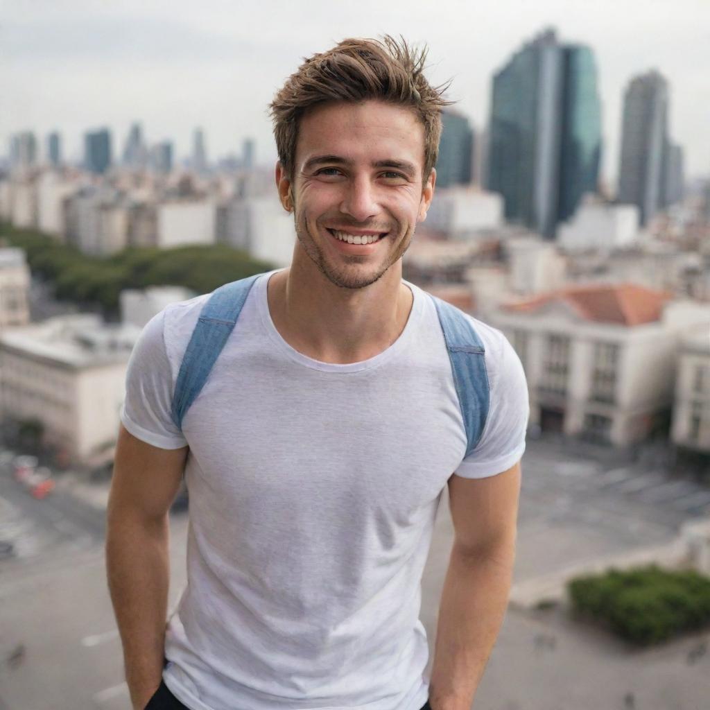 A stylish 25-year-old man from Argentina in casual clothes, showing an affable smile, surrounded by Buenos Aires cityscape.