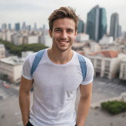 A stylish 25-year-old man from Argentina in casual clothes, showing an affable smile, surrounded by Buenos Aires cityscape.