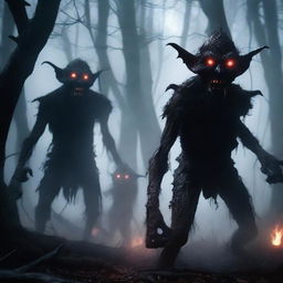 A group of scary goblins with menacing expressions, sharp teeth, and glowing red eyes