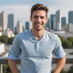 A stylish 25-year-old man from Argentina in casual clothes, showing an affable smile, surrounded by Buenos Aires cityscape.