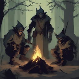 A group of medieval goblins gathered around a campfire in a dark forest, wearing tattered clothes and holding primitive weapons