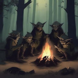 A group of medieval goblins gathered around a campfire in a dark forest, wearing tattered clothes and holding primitive weapons