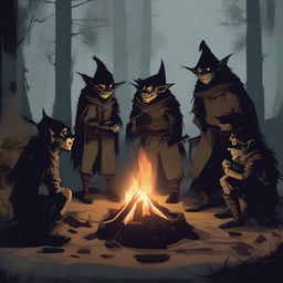 A group of medieval goblins gathered around a campfire in a dark forest, wearing tattered clothes and holding primitive weapons