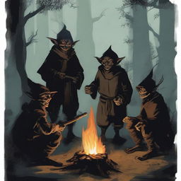 A group of medieval goblins gathered around a campfire in a dark forest, wearing tattered clothes and holding primitive weapons