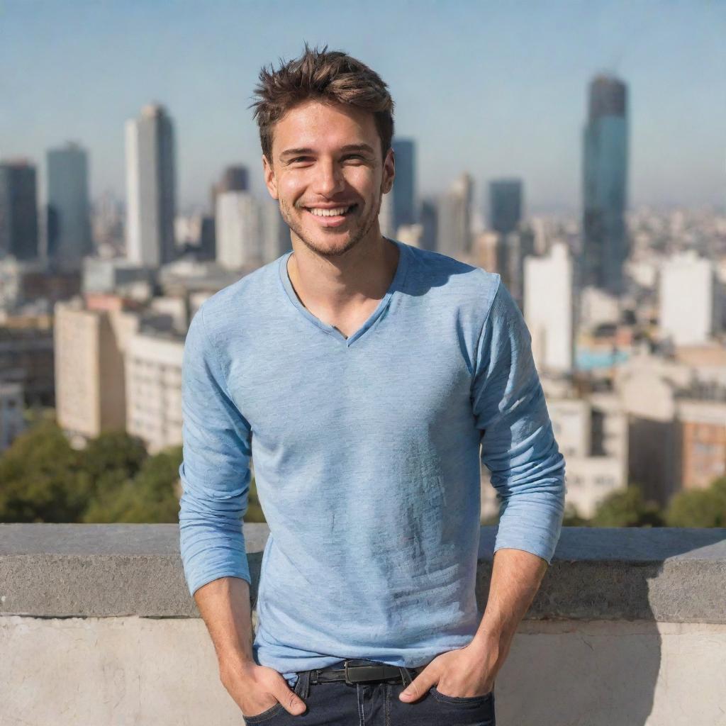 A stylish 25-year-old man from Argentina in casual clothes, showing an affable smile, surrounded by Buenos Aires cityscape.