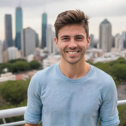 A stylish 25-year-old man from Argentina in casual clothes, showing an affable smile, surrounded by Buenos Aires cityscape.