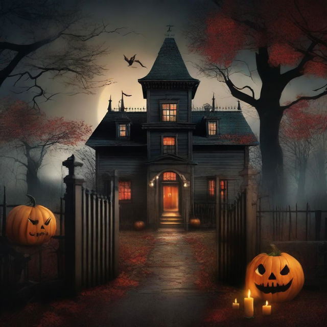 A terrifying October Halloween scene featuring a haunted house, cemetery gates, and woods