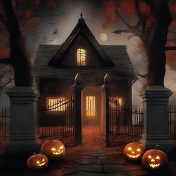 A terrifying October Halloween scene featuring a haunted house, cemetery gates, and woods