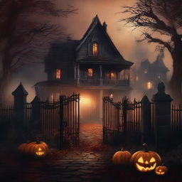 A terrifying October Halloween scene featuring a haunted house, cemetery gates, and woods