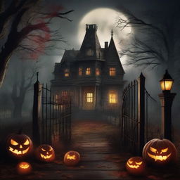 A terrifying October Halloween scene featuring a haunted house, cemetery gates, and woods