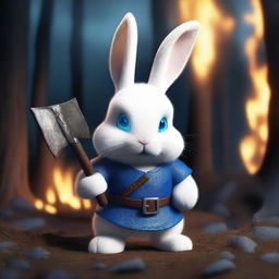 A dwarf rabbit, white, with bright blue eyes, holding an axe, looking angry, with a background of a burning forest at night