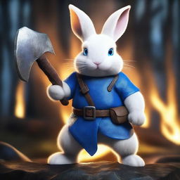 A dwarf rabbit, white, with bright blue eyes, holding an axe, looking angry, with a background of a burning forest at night