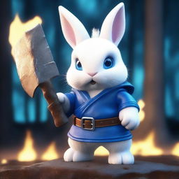 A dwarf rabbit, white, with bright blue eyes, holding an axe, looking angry, with a background of a burning forest at night