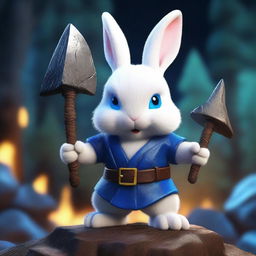 A dwarf rabbit, white, with bright blue eyes, holding an axe, looking angry, with a background of a burning forest at night