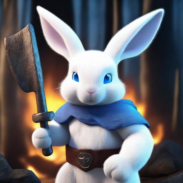 A white dwarf rabbit with bright blue eyes and a flat head, holding an axe, looking angry