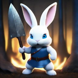 A white dwarf rabbit with bright blue eyes and a flat head, holding an axe, looking angry