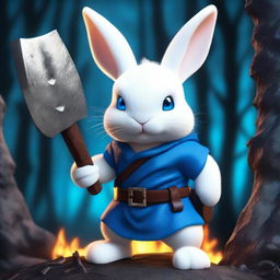 A white dwarf rabbit with bright blue eyes and a flat head, holding an axe, looking angry