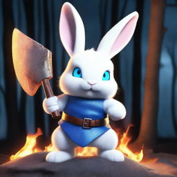 A white dwarf rabbit with bright blue eyes and a flat head, holding an axe, looking angry