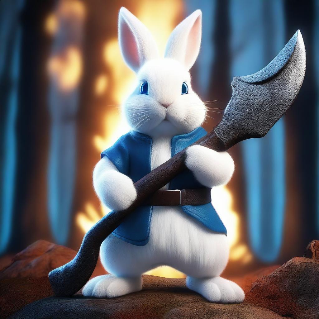 A white dwarf rabbit with bright blue eyes, holding an axe, looking angry