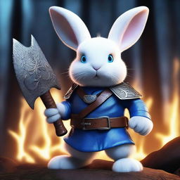 A white dwarf rabbit with bright blue eyes, holding an axe, looking angry