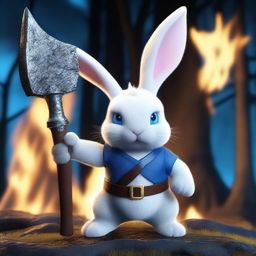 A white dwarf rabbit with bright blue eyes, holding an axe, looking angry