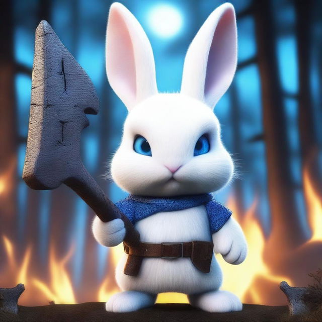 A white dwarf rabbit with bright blue eyes, holding an axe, looking angry